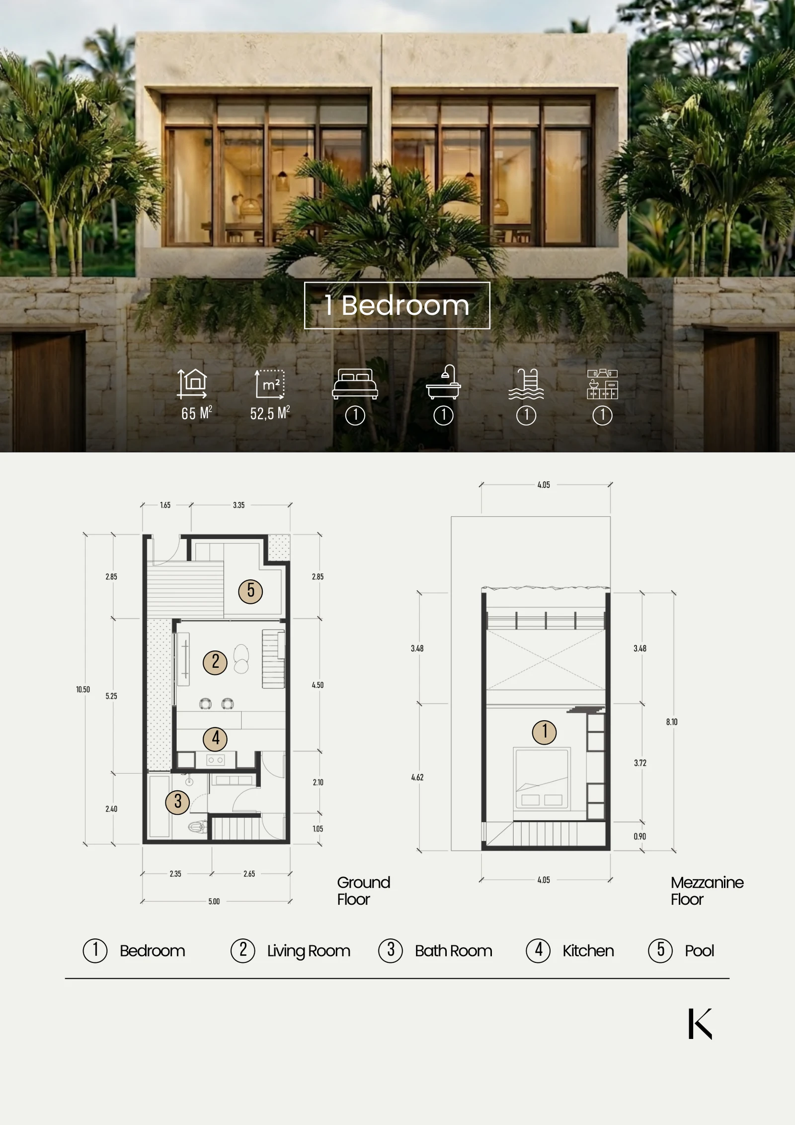 One Bedroom Suite floorplan — ground and mezzanine levels