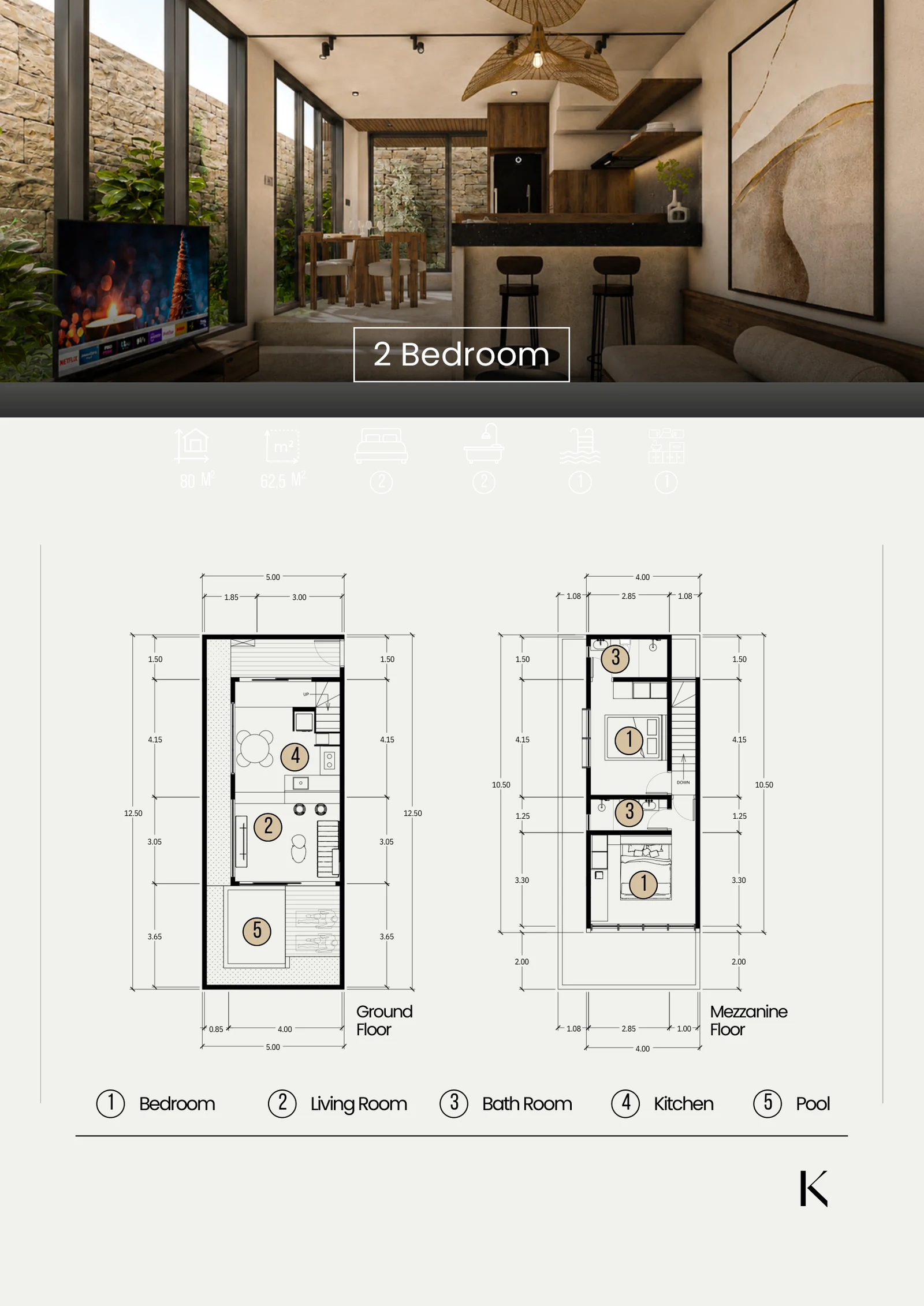 Two Bedroom Suite floorplan — ground and mezzanine levels