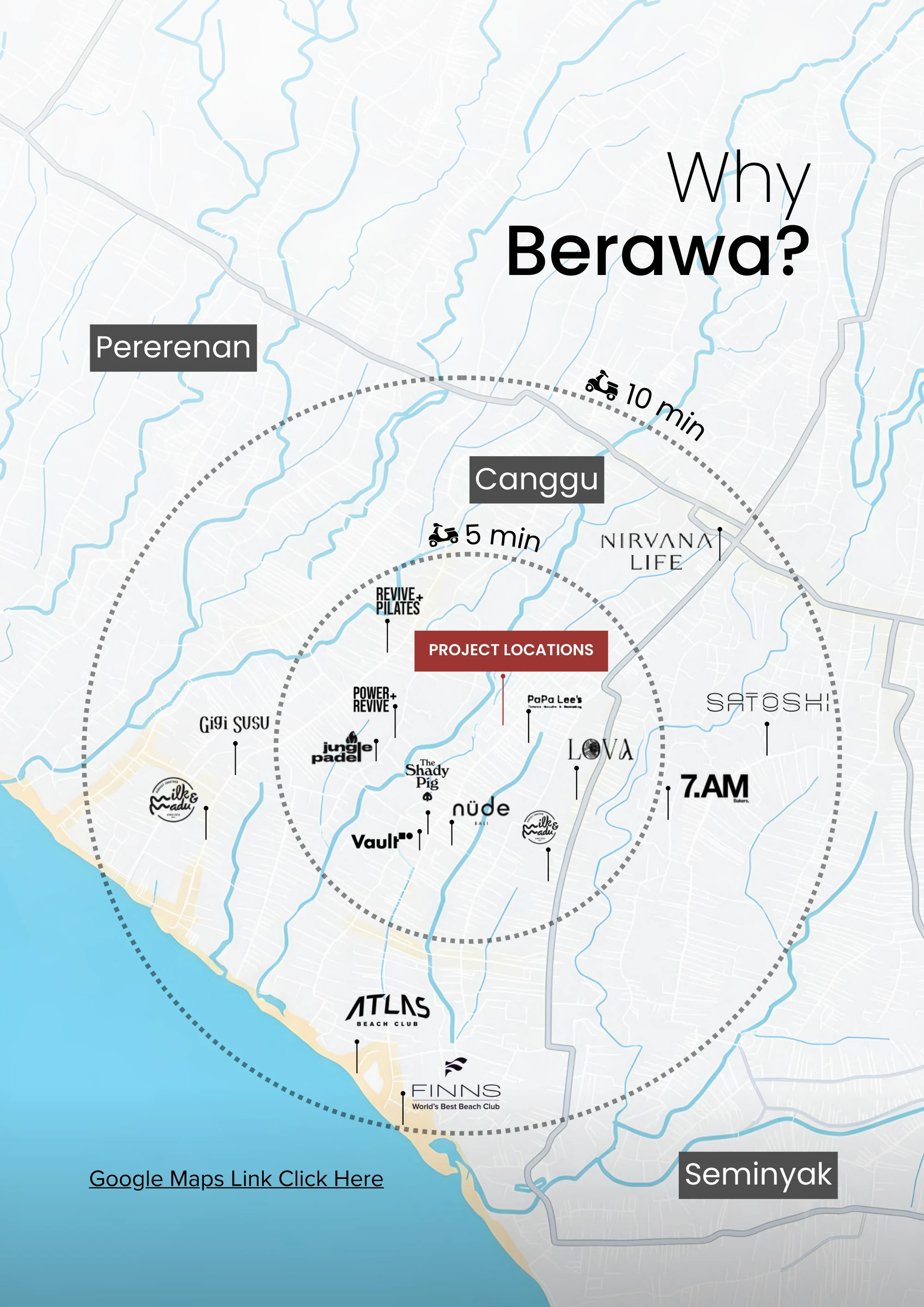 Map showing Berawa Private Suite between Canggu, Pererenan and Seminyak, with 5 and 10 minute ride radii