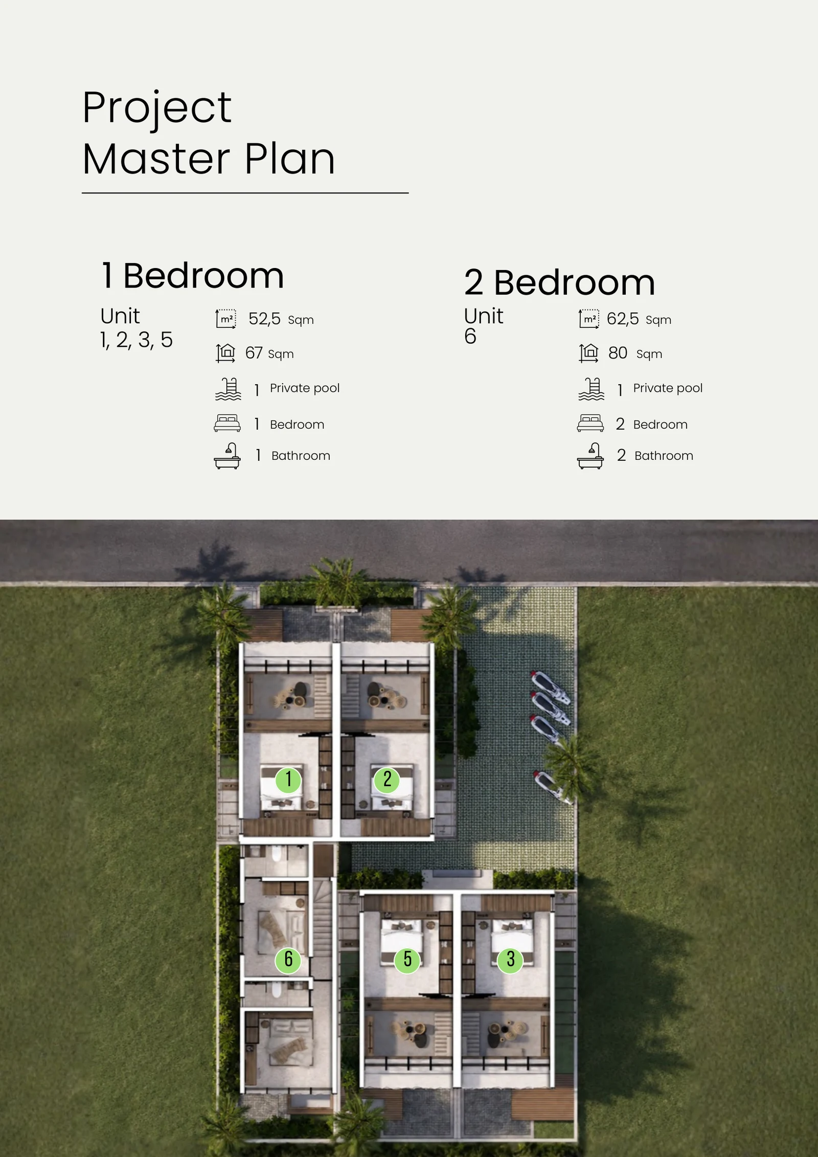 Aerial master plan showing the five suites and their positions on the land. Unit 3 is shown in its original one-bedroom configuration and is being reconfigured to two bedrooms.