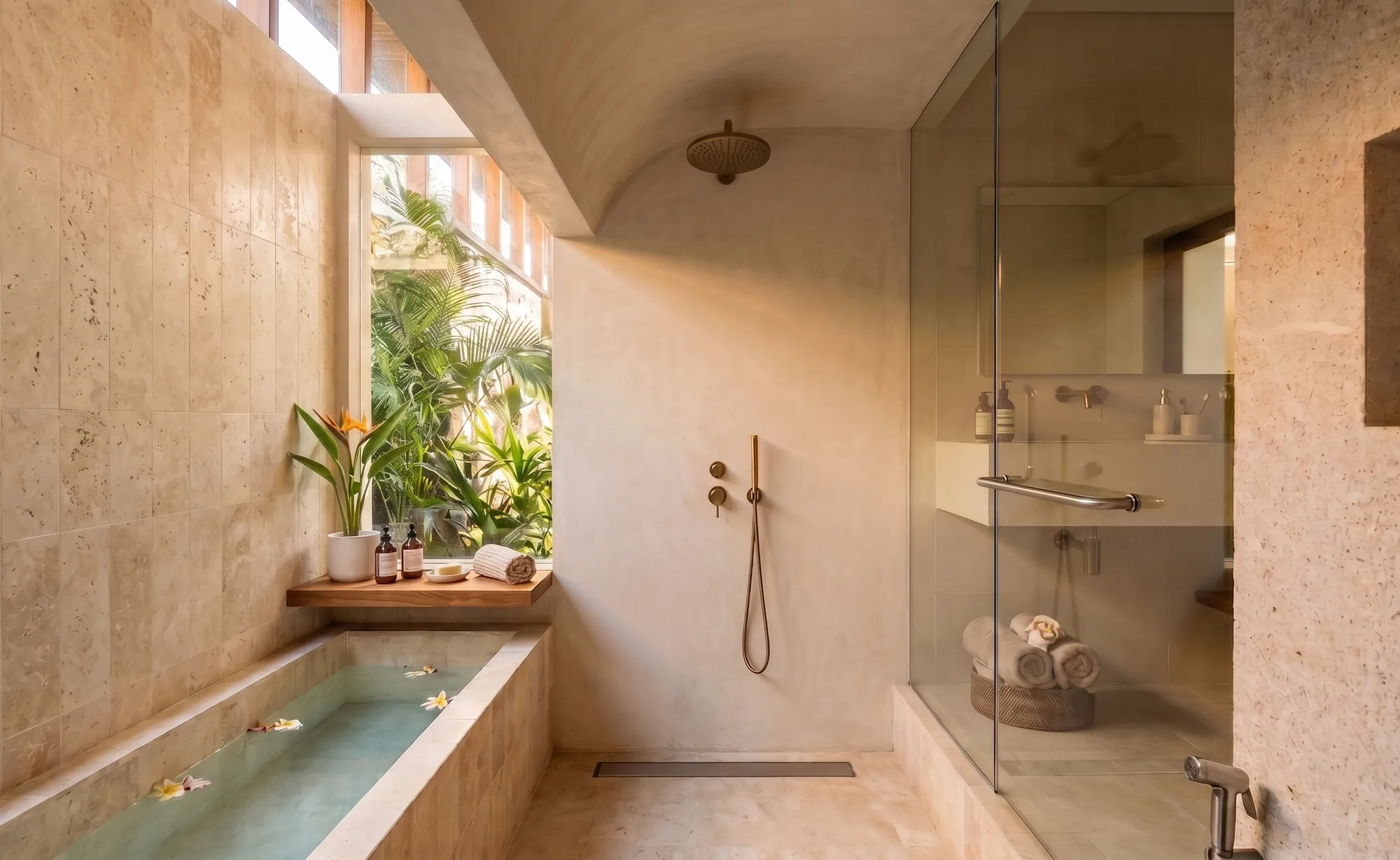 Travertine bathroom with soaking tub