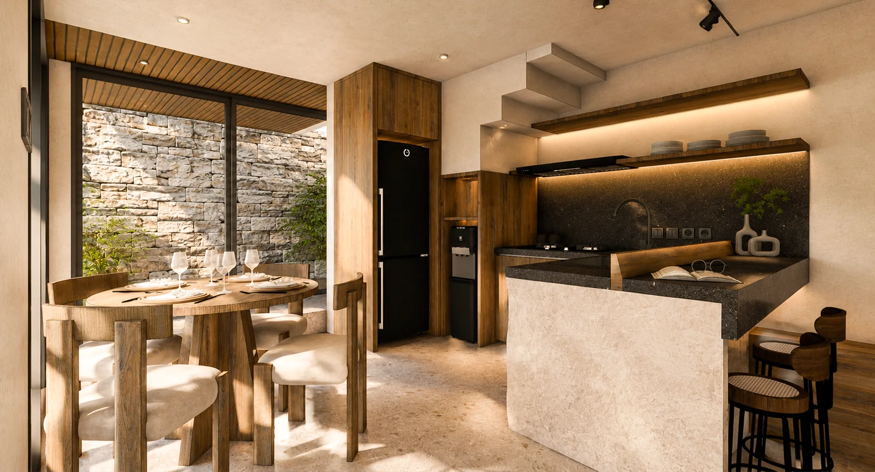 Kitchen with stone counter and teak joinery