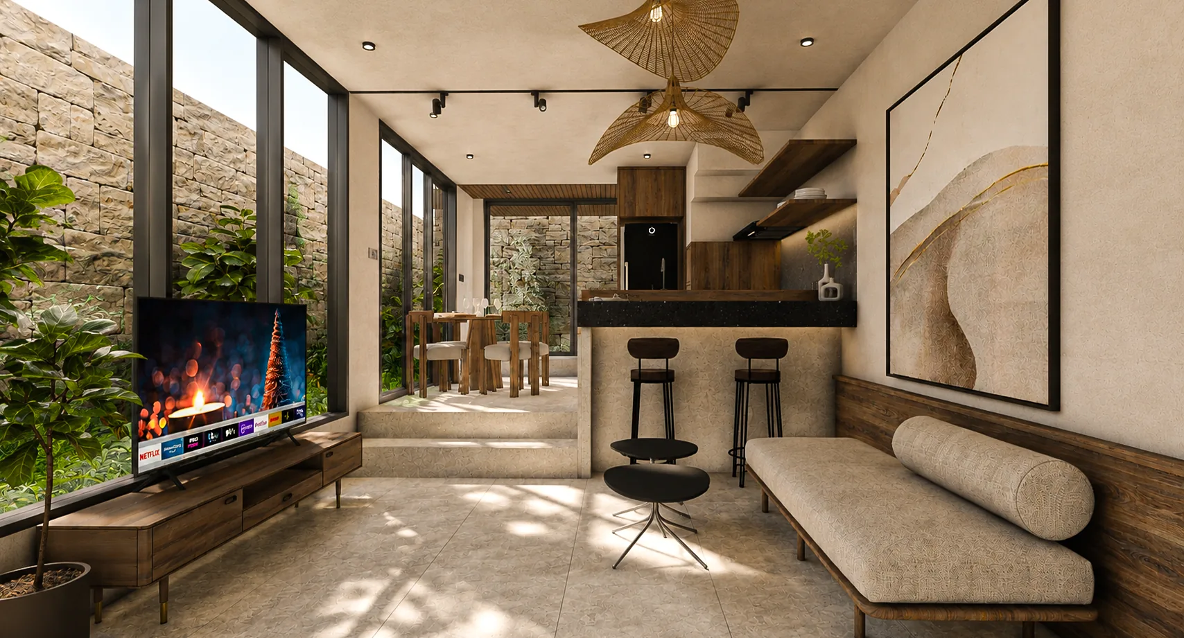 Living and dining space with garden outlook